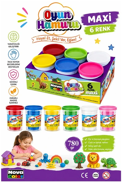 Oyun Hamuru 6 Renk 780gr 1 Paket Nova Color 6 lı Oyun Hamuru Kurumaya Karşı Dirençli Okul Öncesi Kreş Yumuşak Dokulu ürün görseli 1