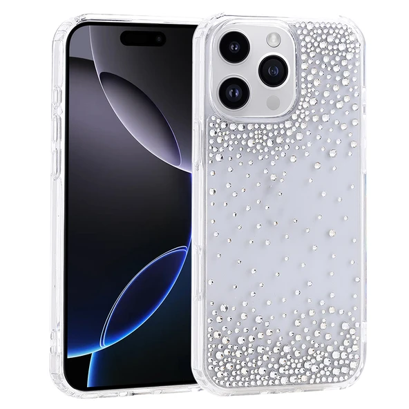 iPhone 16 Pro Max Kılıf Airbag Tasarımlı Damla Taşlı Şeffaf Pera Silikon Kapak ürün görseli 1