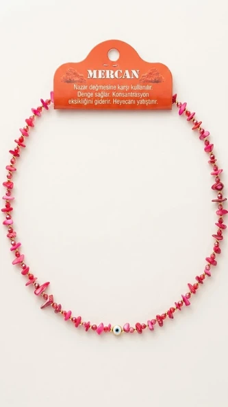 Kadın Doğal Mercan Taşlı Nazar Boncuklu Kolye - 45 cm Pembe Mercan Taşı Şifalı Takı ürün görseli 1