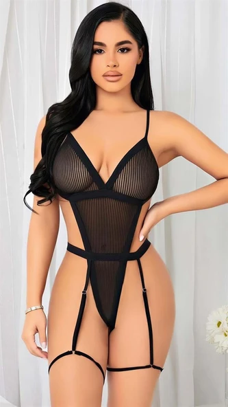Siyah İp Detaylı Tül Body ürün görseli 1