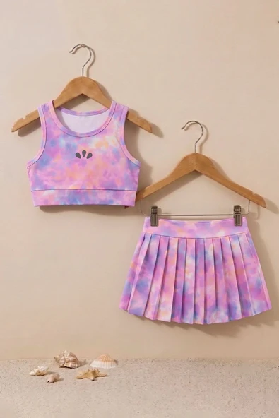Kız Çocuk Aurora Pastel Renkli Crop Şort Etekli Spor Alt - Üst Takım ürün görseli 1