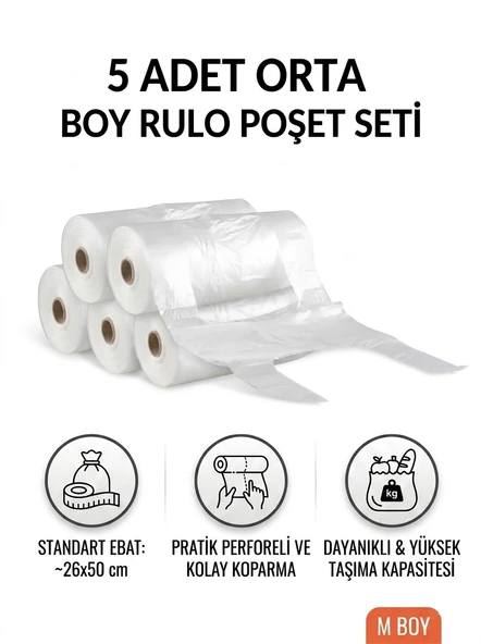 Orta Boy Rulo Poşet Seti 5 Adet (26X50 Cm) - Pratik Koparmalı Kulplu Poşet ürün görseli 1