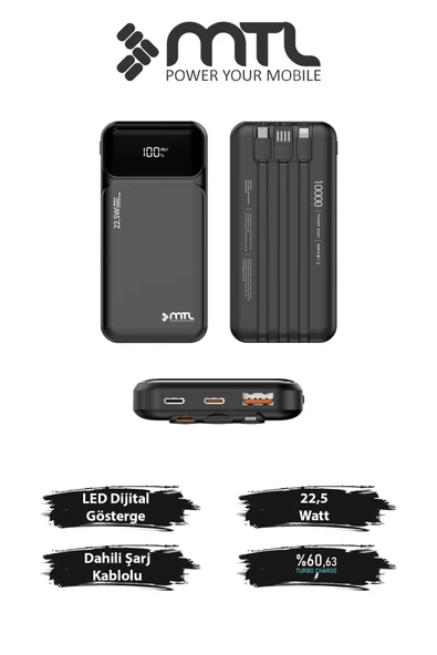 10000 mAh 22.5W Süper Hızlı Şarj Dahili Kablolu Dijital LED Göstergeli PD ve QC 3.0 Powerbank MT4311 ürün görseli 1