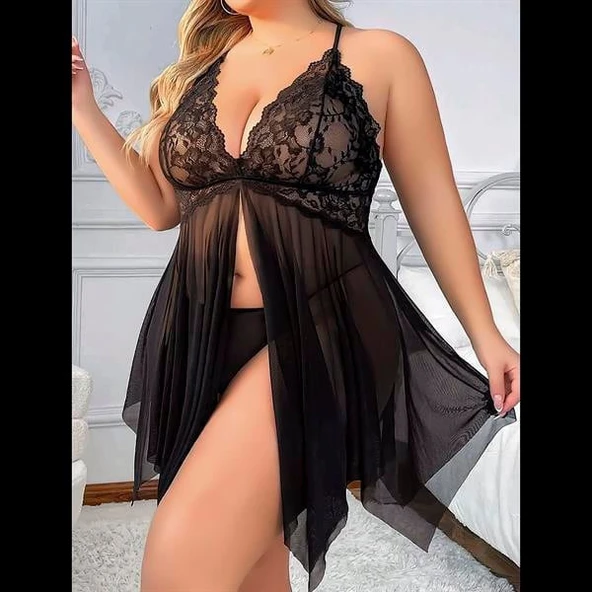 Closet Siyah Tül Büyük Beden   Gecelik ürün görseli 1