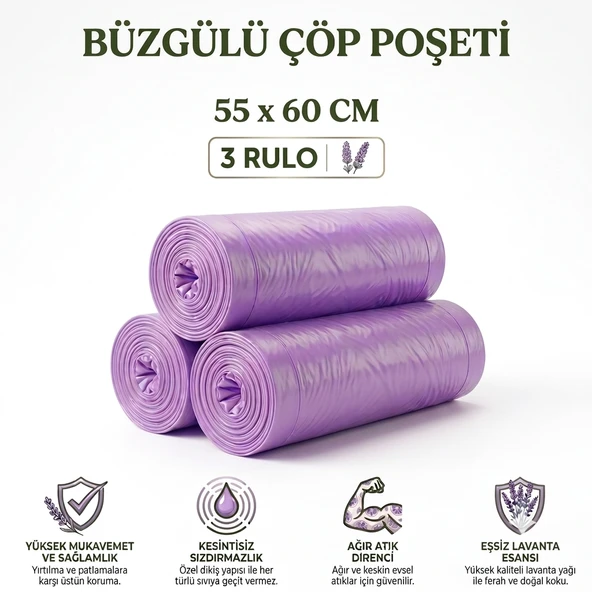 Lavanta Kokulu Büzgülü Çöp Torbası Orta Boy 55X60 cm 30 Adet - Sızdırmaz ve Dayanıklı ürün görseli 1