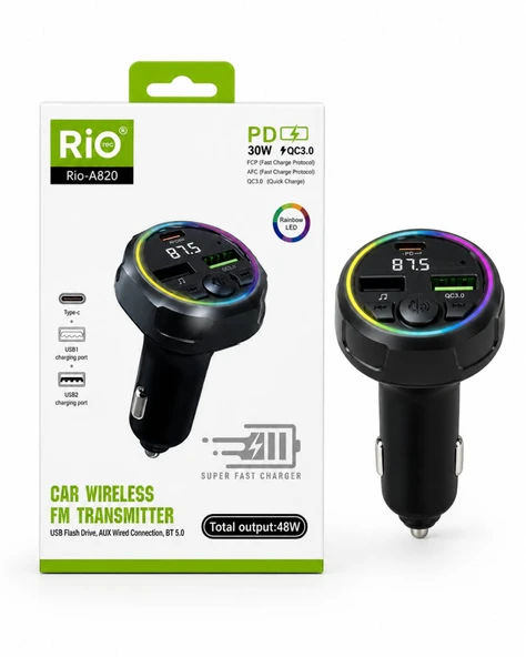 Araç FM vericisi  Bluetooth 5.0 hızlı şarj Type-C ve çift USB 48W çıkış ürün görseli 1