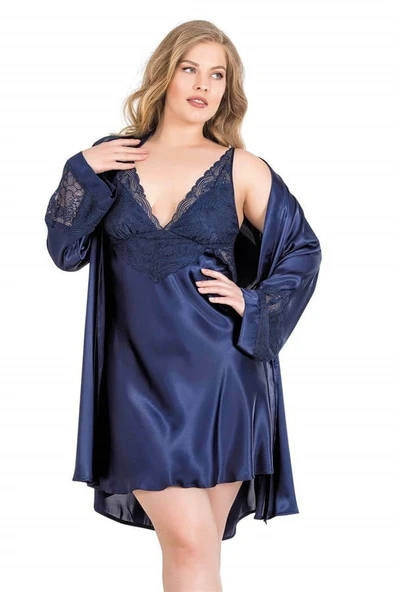 Büyük Beden Lacivert Kısa İkili Saten Sabahlık Gecelik Takımı ürün görseli 1