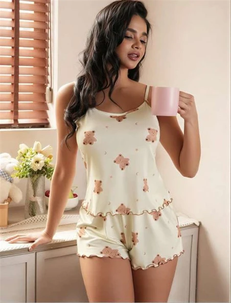 Closet Ayıcık Desenli Askılı Şortlu Pijama Takımı ürün görseli 1