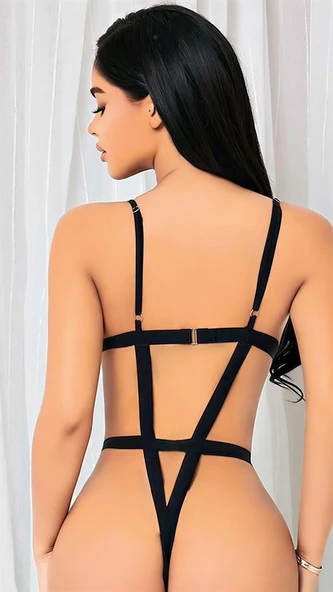Siyah İp Detaylı Tül Body - Resim 2