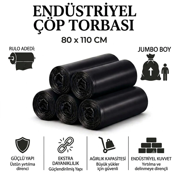 Jumbo Boy Endüstriyel Çöp Poşeti 80X110 cm 50'li - 400 Gram Ağır Hizmet Tipi Kalın Torba ürün görseli 1