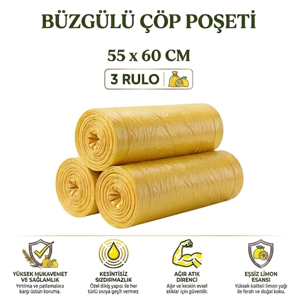 Büzgülü Çöp Torbası Orta Boy 55X60 cm - 3 Rulo - Limon Kokulu Sızdırmaz ürün görseli 1