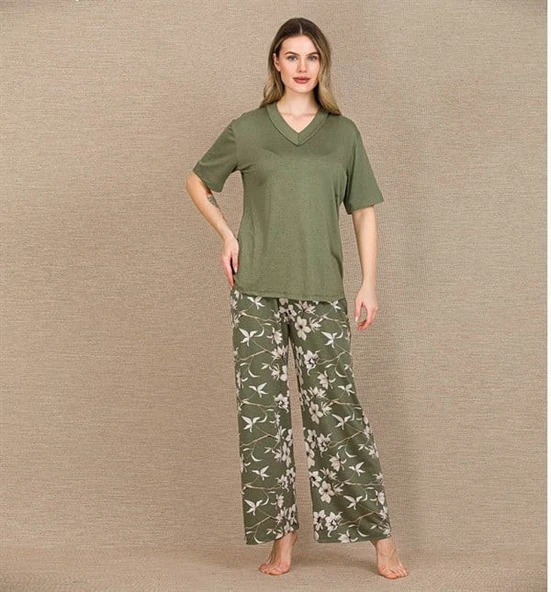 Closet Şık Tasarım Çiçek Desenli Yeşil Kısa Kol Viskon Pijama Takımı ürün görseli 1