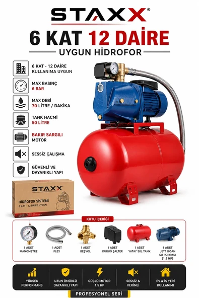 50 Litre Hidrofor 1.5 HP Jet Su Pompası 6 Bar Bakır Sargılı Sessiz Hidrofor Sistemi 6 Kat 12 Daire ürün görseli 1