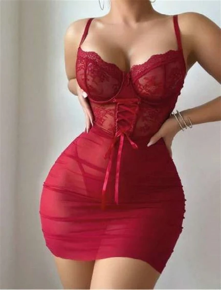 Closet Özel Tasarım Korse Görünümlü Bordo Dantel İşlemeli Tül  Gecelik ürün görseli 1