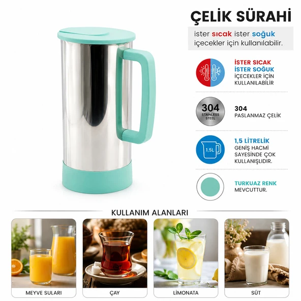 TURKUAZ - PASLANMAZ ÇELİK SICAK - SOĞUK ÇELİK SÜRAHİ (5224) ürün görseli 1