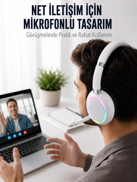 Bluetooth 5.0 Beyaz Kulak Üstü Kablosuz Kulaklık Mikrofonlu RGB Aydınlatmalı ürün görseli 1