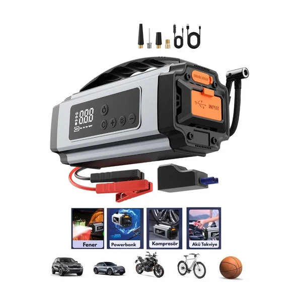 ÇOK FONKSİYONLU OTO - ARAÇ TAKVİYE SET TAŞINABİLİR 120W DİJİTAL EKRAN POWERBANK ÖZELLİK - FENER - COB - PUSULA YG-898 (5224) ürün görseli 1