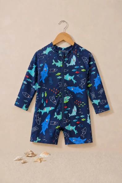 Erkek Bebek Shark Splash Uzun Kollu Fermuarlı Tulum Mayo ürün görseli 1