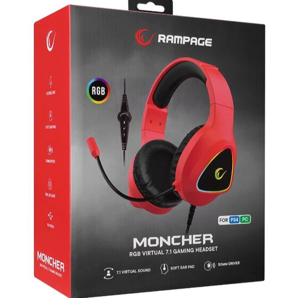 Rampage Moncher M7 Kırmızı RGB 7.1 USB Kablolu Kulak Üstü Oyuncu Kulaklığı ürün görseli 1