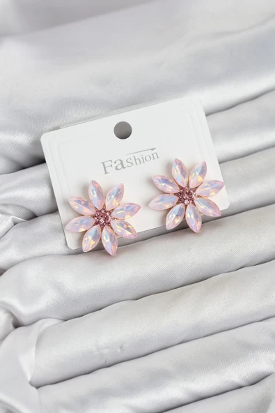 Pembe Renk Kristal Taşlı Lotus Çiçek Model Kadın Küpe ürün görseli 1