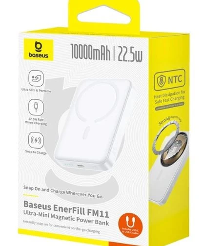 Baseus EnerFill FM11 Beyaz ULTRA MİNİ 10000  mAh Hızlı Şarj Magsafe Powerbank ürün görseli 1