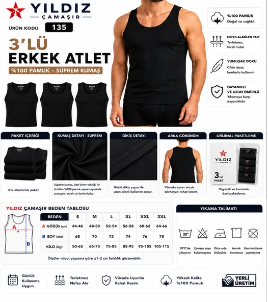 Yıldız Çamaşır Erkek Süprem Askılı Atlet (00-135-136) - 3 Adet  Siyah 2XL ürün görseli 1