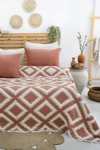 Şaheser Home Collection  Müslin Yatak Örtüsü Seti Çift Kişilik Sonia Kiremit ürün görseli 1