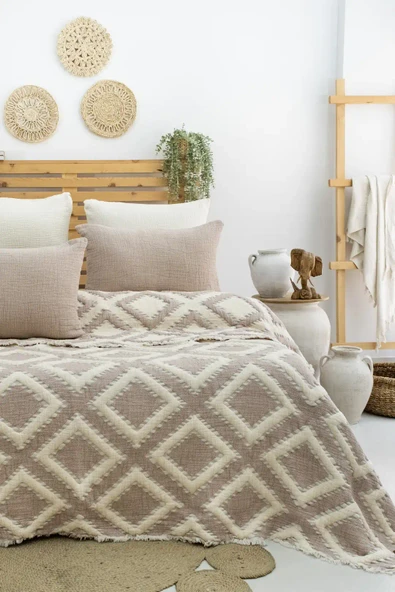 Şaheser Home Collection  Müslin Yatak Örtüsü Seti Çift Kişilik Sonia Bej ürün görseli 1