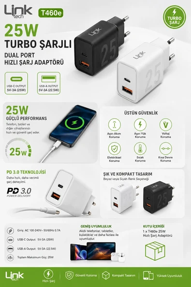 LİNKtech 25W USB + TYPE-C Çıkışlı Süper Turbo Hızlı Şarj Aleti (Yalnızca Adaptör Kablo Hariç Cep Telefon Şarj Aleti) ürün görseli 1