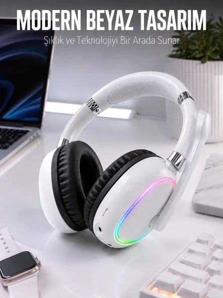 Kablosuz Bluetooth Mikrofonlu Beyaz Kulaklık  RGB Işıklı ürün görseli 1