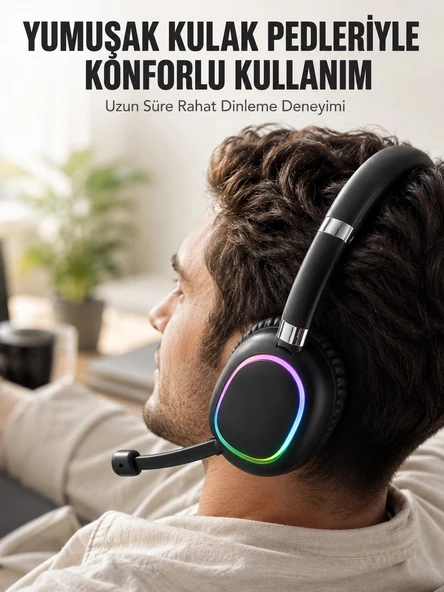 Bluetooth 5.0 RGB Işıklı Mikrofonlu Kablosuz Kulak Üstü Kulaklık ürün görseli 1