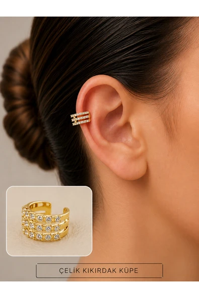 2'li Zirkon Taşlı Detaylı Kıkırdak Küpe/Earcuff/Conch (Delik Gerekmez) ürün görseli 1