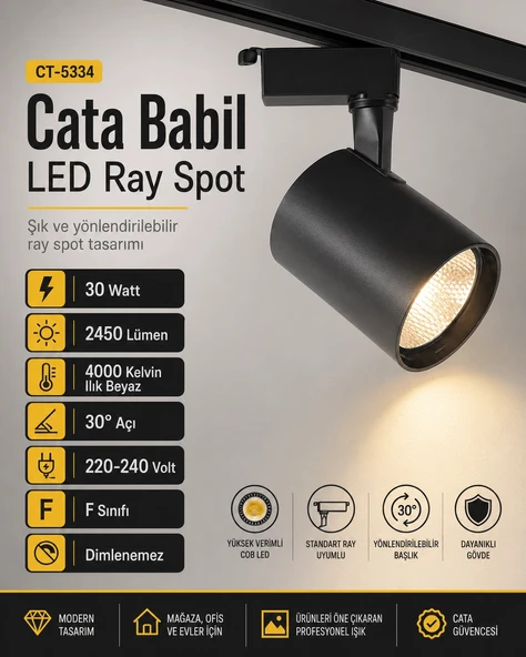 CATA 30w Babil GÜNIŞIĞI 4000k Işık SİYAH Kasa Led Ray Spot Armatür 4000k (Plastik Kasa) ürün görseli 1