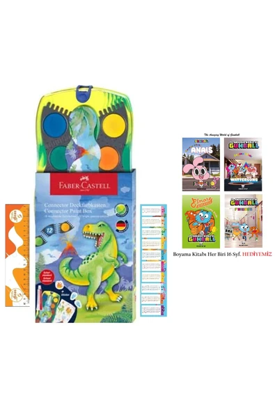Faber Castell Connector Dino Suluboya 12 Renk ve Lisanslı Gumball 4 Adet 16'Syflık Boyama Kitabı ürün görseli 1