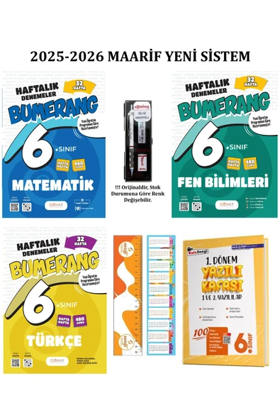 Günay Yayınları 6. Sınıf Bumerang Serisi Matematik-Türkçe ve Fen Bilimleri 32 Haftalık Deneme+1. Dönem Yazılı Kafası ürün görseli 1