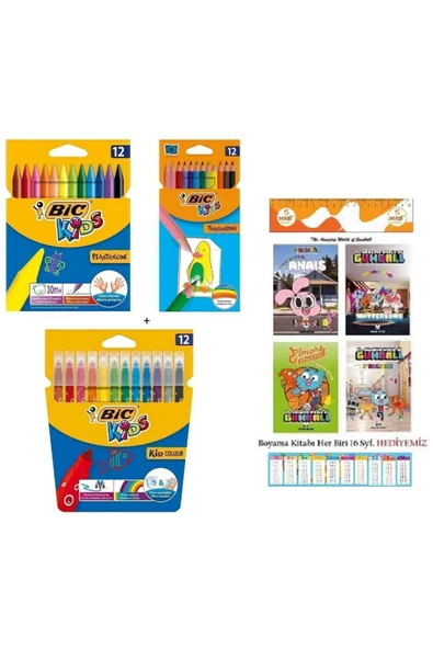 Bic Pastel Boya Kalemi 12'li Kuru Boya Kalemi 12'li Yıkanabilir Keçeli Boya Kalemi 12'li+Gumball Boyama Kitabı 4 Adet ürün görseli 1