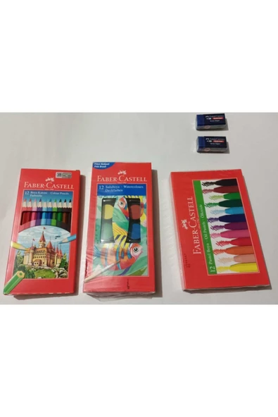 Faber Castell Fabercastell 12 Li Kuruboya-faber 12li Suluboya-faber 12 Li Pastel Boya Faber Pritt-2 Li Silgi Set ürün görseli 1