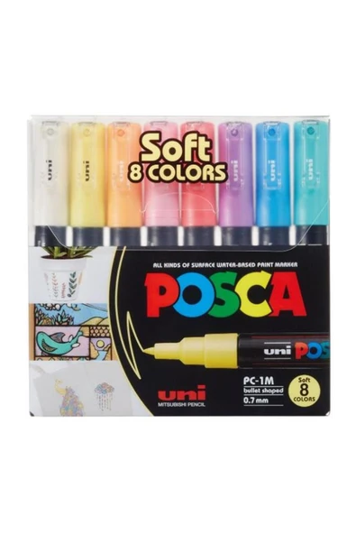 Uni Posca Uni-Ball Posca 0.7 Su Bazlı Poster Markörü Soft Renk 8 Li PC-1M/8C ürün görseli 1