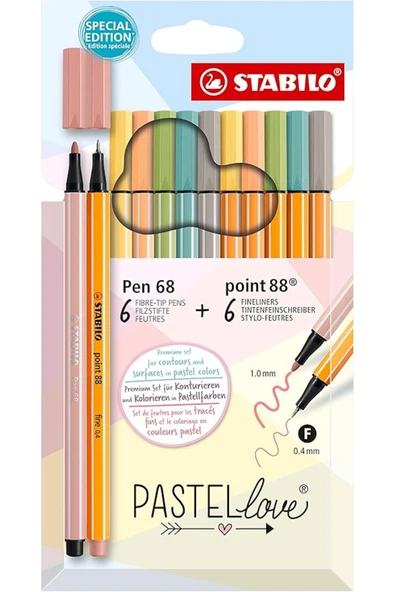 Stabilo point 88 & Pen 68 Pastellove - İnce Keçe Uçlu Kalem ve Keçe Uçlu Boya Kalemi - 12'li Paket ürün görseli 1