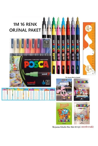 POSCA Uni PC-1M (0.7 mm İnce Uç) ANA VE PASTEL RENK 16'Lı ve 4 Adet Lisanslı Gumball Boyama Kitabı ürün görseli 1