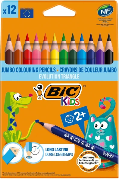 Bic Kids Evolution Üçgen Jumbo Kuru Boya Kalemi 12'li Kutu, 2 Yaş ve Üzeri Çocuklar için ürün görseli 1