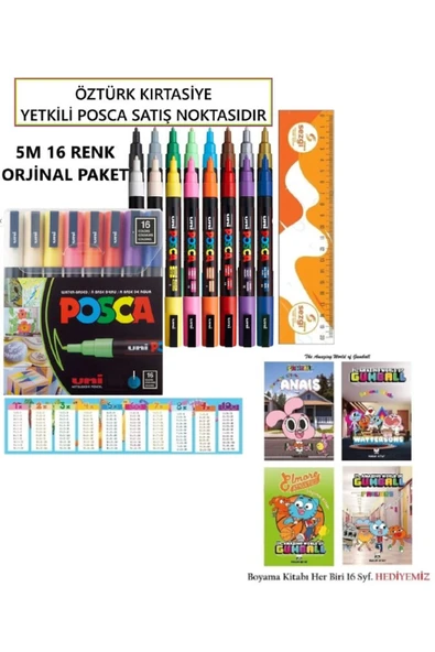 POSCA Orjinal 16'lı Set PC-5M (1.8-2.5 mm Standart Uç) ve The Gumball 4 Adet 16'syf Boyama Kitabı Seti ürün görseli 1