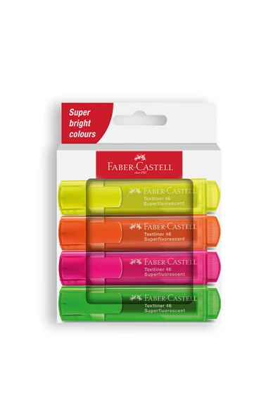Faber Castell Fosforlu Kalem Seti 4’lü Şeffaf Gövde Su Bazlı Mürekkep Kesik Uç 3 Farklı Çizgi Kalınlığı ürün görseli 1