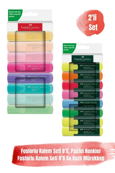 Faber Castell 8'li Pastel Fosforlu Kalem Seti ve 8'li Su Bazlı Fosforlu Kalem Seti ürün görseli 1