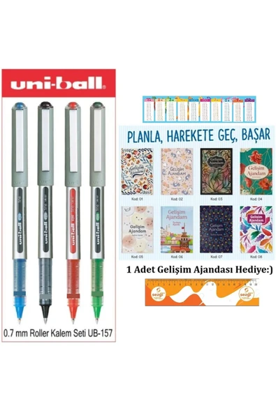 UNİ-BALL Uniball Eye Fine 0.7 mm Roller Kalem Seti 4 Adet Ub-157 ve 8 Çeşitten 1 Adet Gelişim Ajandası ürün görseli 1