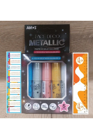 Amos Lisanslı Face Deco Simli Metalik Renkler Yüz Boyası 5'li Set + Sezgistore Ayraçlı ürün görseli 1