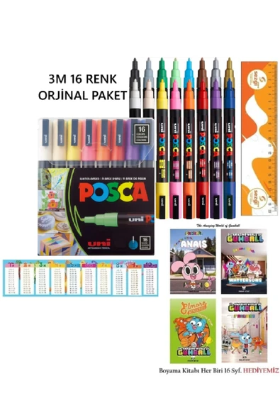 POSCA Uni PC-3M (0.9-1.3 mm Orta incelikte Uç) 16'Lı Set ve 4 Adet Lisanslı Gumball Boyama Kitabı ürün görseli 1