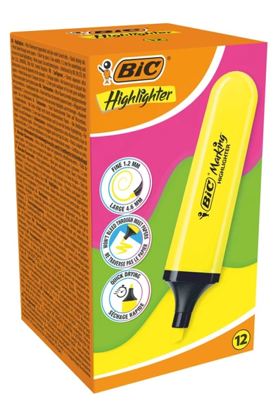 Bic Marking Flat Highlighter 12'li Kutu Sarı ürün görseli 1