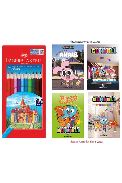 Faber Castell Karton Kutu Boya Kalemi 12 Renk Tam Boy, Parlak, Canlı Renkler+Boyama Kitabı Gumball Lisanslı ürün görseli 1