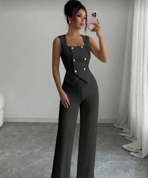 Kadın Düğme Detay Yelek Ve Bol Paça Pantolon Bürümcük Kumaş Ikili Takım ürün görseli 1